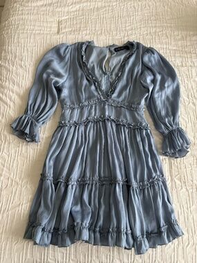 Blue satin mini dress.